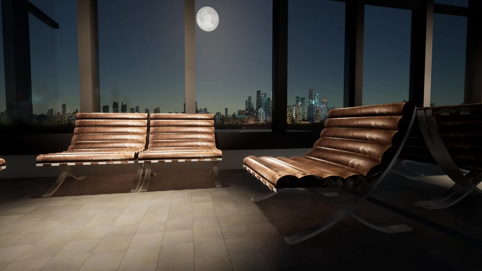Moody 3D interior render: leather lounge chairs beside floor-to-ceiling windows overlooking a moonlit city skyline.